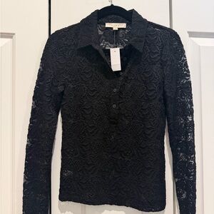 LOFT Women's Black Lace Button Down Shirt